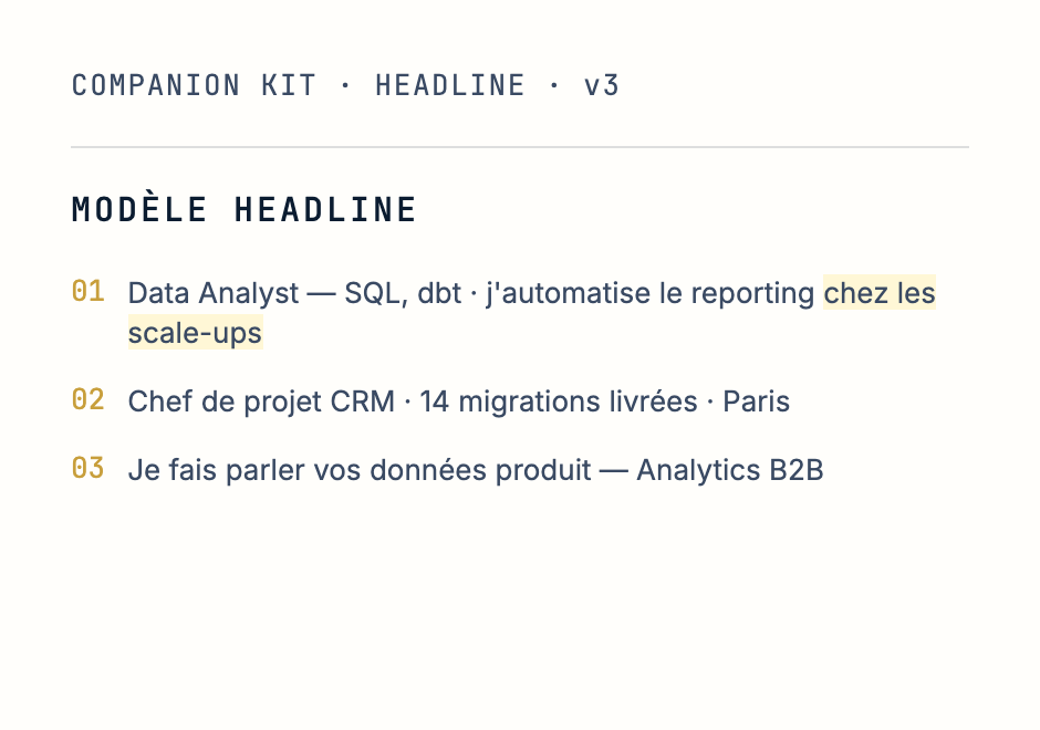 Le Companion Kit — modèle de headline LinkedIn avec trois exemples prêts à copier-coller.